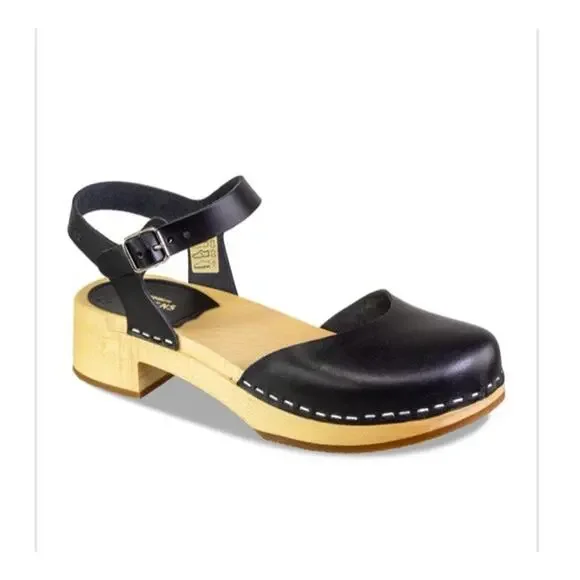 New $248 Womens 8 Covered Swedish Hasbeens Matte Black Clogs Mules Low 2” Heel - Picture 1 of 13